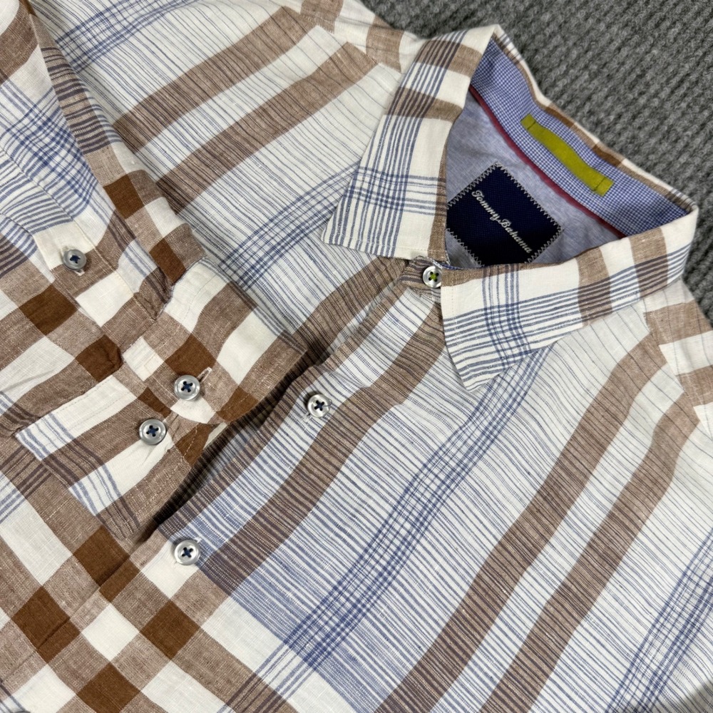 Tommy Bahama Mens XL Plaid Button Down Shirt Linen Cotton Brown Blue White